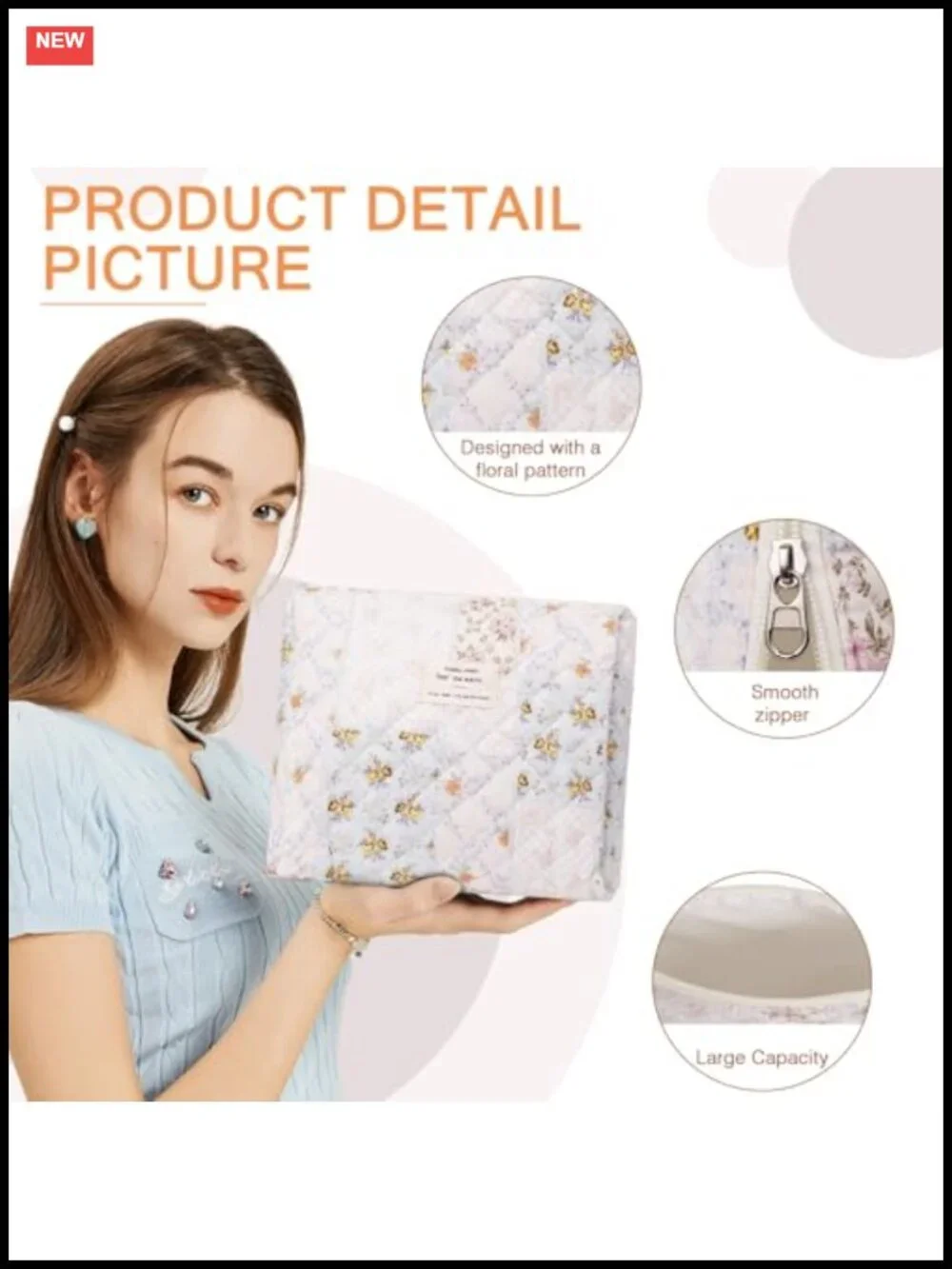 Small Quilted Cotton Cosmetic Bag Floral Travel Makeup Toiletry Organizer Cute